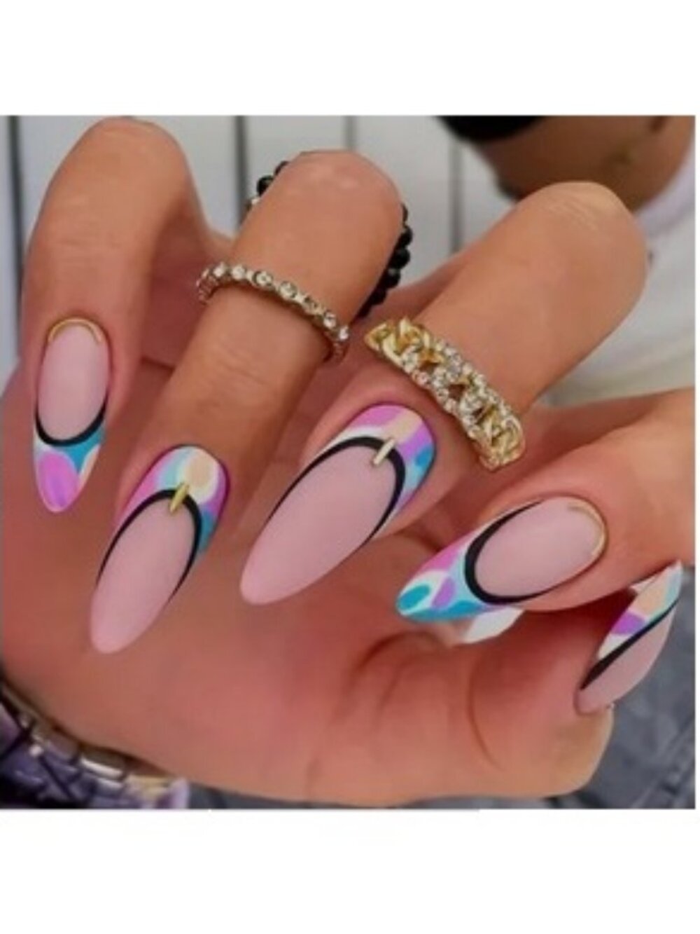 NWT Press On Nails 24 Almond Fake Finger Acrylic Fingernails Pink Black Blue